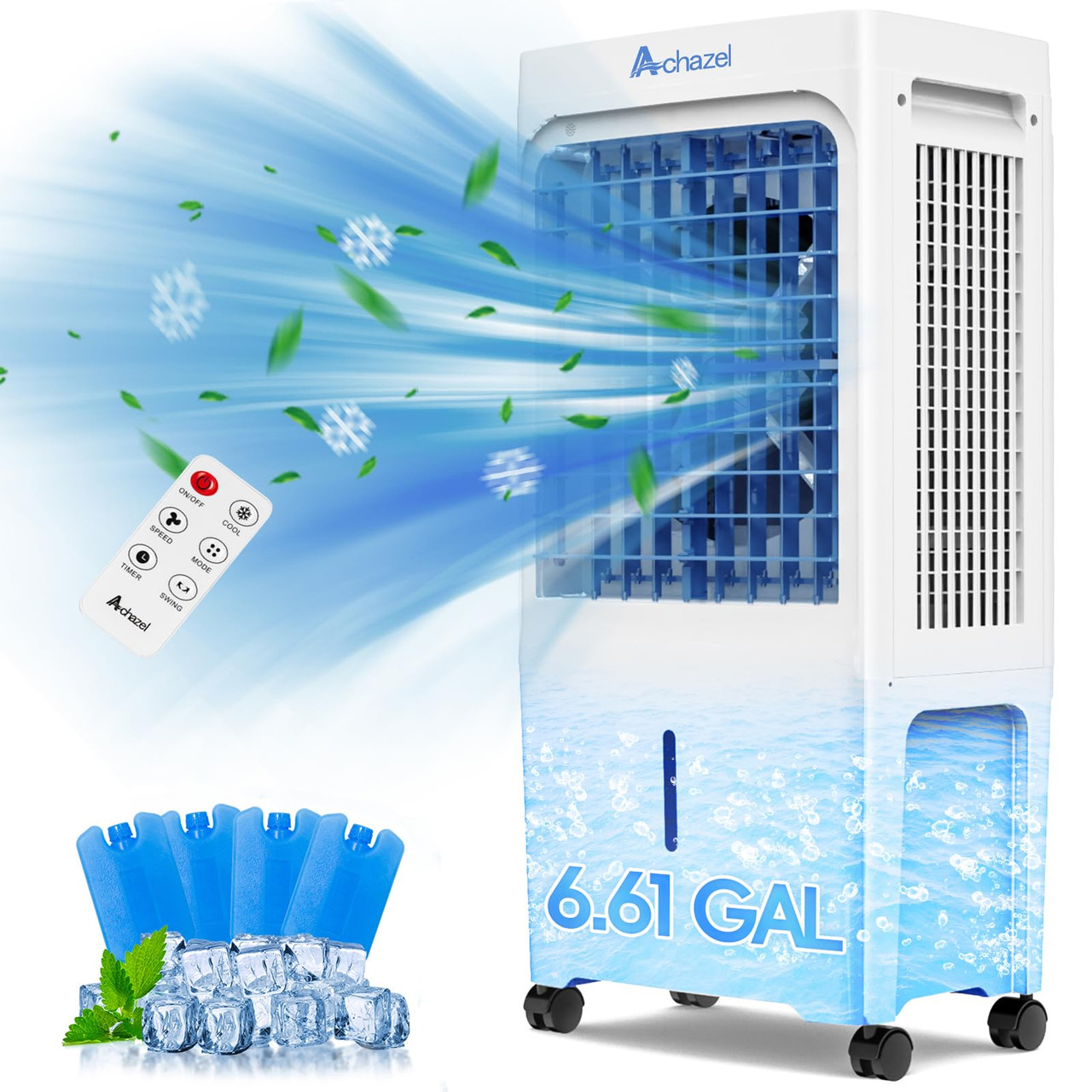 ACHAZEL 1,882 CFM Evaporative Air Cooler with Remote Control,3-Speed Portable Swamp Cooler with 12H Timer, 120° Oscillation, 3-in-1 Water Cooler Fan with 6.61 Gal Water Tank for Indoor Outdoor Use